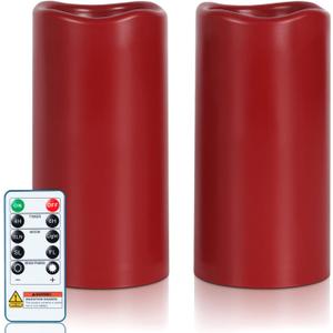 Amagic 3"x6" Red Flameless Candles with Remote, Christmas Battery Operated Candles with Timer, Waterproof LED Pillar Candles for Thanksgiving Table, Home, Outdoor Decor, Plastic, Set of 2