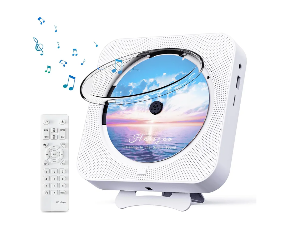 Bluetooth Portable Home CD Music Player with Remote Control, Timer, Built-in Speakers and LED Display - FM Radio Boombox (White)