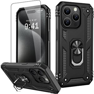 IKAZZ for iPhone 15 Pro Max Case 6.7 Inch with Screen Protector,Military Grade Shockproof Heavy Duty Protective Phone Cover Pass 16ft Drop Test with Magnetic Kickstand Car Mount Holder,Black