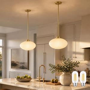 10" Mid Century Modern Pendant Light 2 Pack Milk Vintage Pendant Lights Kitchen Island Ribbed Glass Pendant Light Adjustable Hanging Pendant Light for Dining Room Bedroom (Bulb Included)