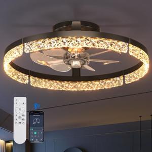 addlon Ceiling Fans with Lights and Remote, 20'' Low Profile Ceiling Fans, 3000-6000K Dimmable Modern Flush Mount LED Fan Light, Fandelier Ceiling Fan for Bedroom, Kitchen, Living Room, Black (20 inch)