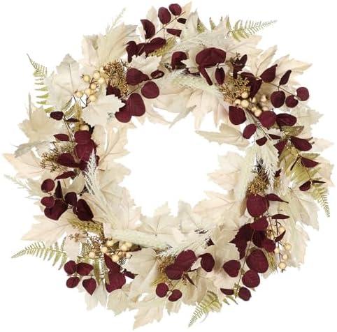 Fall Wreath for Front Door 24"-26" Artificial Maple Leaf Wreath with Burgundy Eucalyptus Beige Pampas Grass Berries Autumn Wreaths for Home Farmhouse Thanksgiving Harvest Halloween Fall Decor