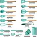 Cooking Utensils Set, 18pcs Kitchen Silicone Utensils, Heat Resistant Non Toxic & BPA-Free with Holder & Wooden Handle, Home Essential Accessories, Teal(Turquoise), Medium