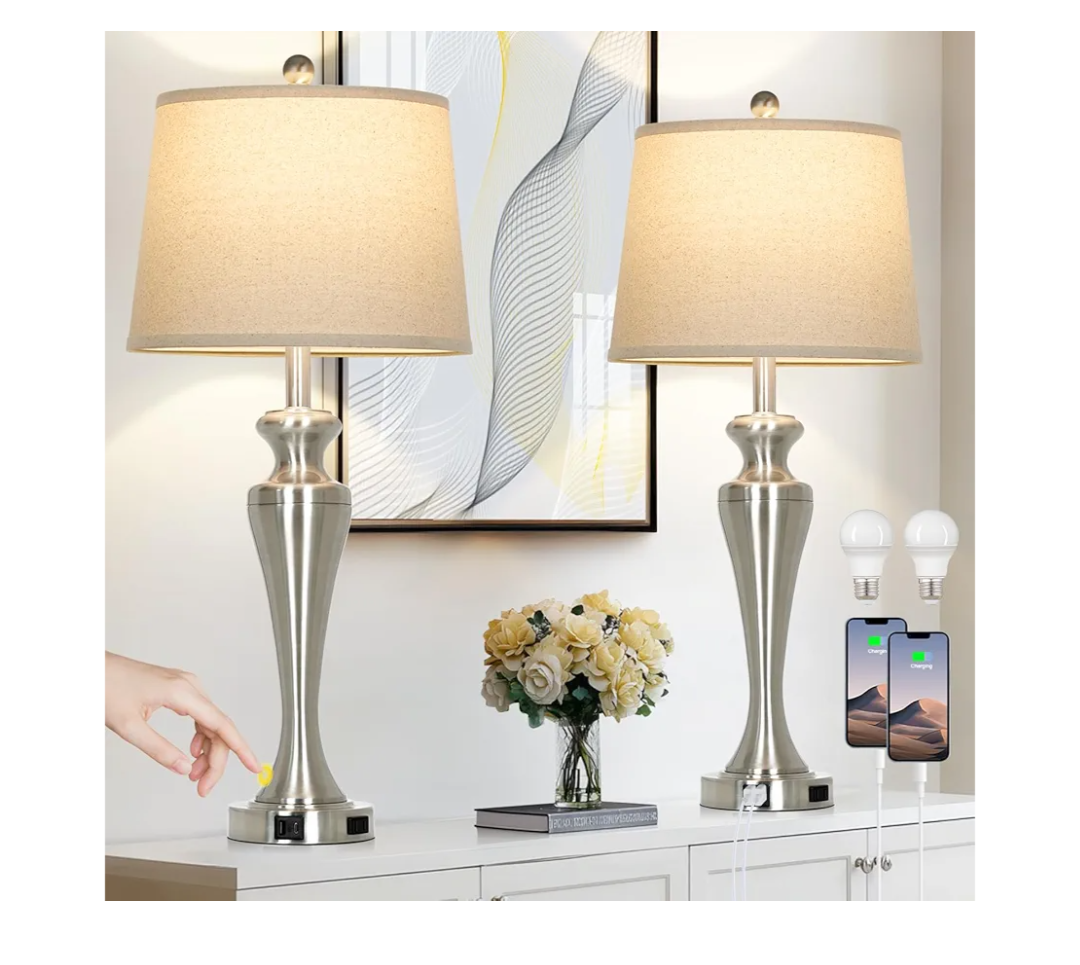 30" Silver Table Lamps Set of 2, 3-Way Dimmable Touch Living Room Lamp with USB A+C Ports and AC Outlet, Modern Brushed Nickel Bedroom Lamps, Tall Metal Bedside Lamp for Nightstand Side Table