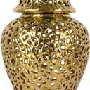 Gold Pierced Ginger Jar Vase with Lid - 15.7" Tall Decorative Ceramic Jar for Home Decor, Centerpiece for Living Room, Dining Room, Entryway, or Office, Large Gold Vase for Flowers