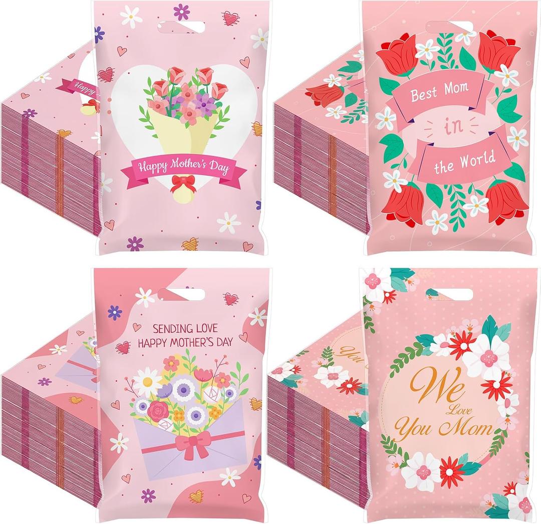Eaasty 100 Pieces Large Plastic Happy Mother's Day Gift Bags Bulk 16 x 12 Inch Best Mom Treat Candy Goodie Bags Pink Flower Shopping Pouch for Mother's Day Party Favor Gift Giving