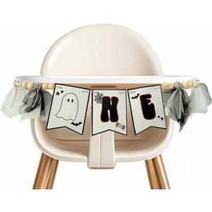 Halloween 1st Highchair Banner,Ghost Black White Birthday Decorations,Spooky One Decor,Black Themed Baby Birthday Party (Black White Ghost Highchair Banner)