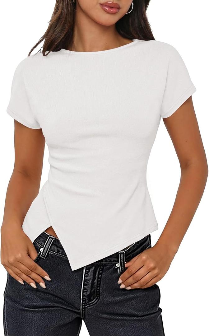MEROKEETY Women's Summer Asymmetrical Tops 2026 Short Sleeve Boat Neck Ruched Slim Going Out T-Shirts Trendy Y2K Clothes Small