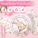 142 Pcs Happy Easter Plates and Napkins Easter Party Decorations with Banner and Tablecloth Pink Gingham Cute Bunny Spring Floral Disposable Dinnerware Set for Spring Celebration Holiday Brunch