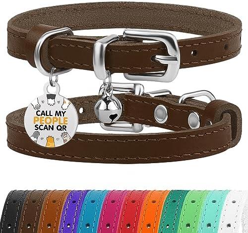 BRONZEDOG Leather Cat Collar with Removable Bells Non Breakaway Kitten QR Tag for Girl Boy (9" - 12" Cats/Mini Dogs, Brown & Silver) BRONZEDOG Leather Cat Collar with Removable Bells Non Breakaway Kitten QR Tag for Girl Boy (9" - 12" Cats/Mini Dogs, Brown & Silver)