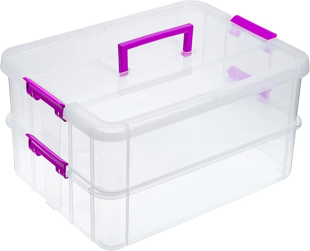 JUXYES 2-Tiers Stack Carry Storage Box With Handle, Transparent Stackable Storage Bin With Handle Lid Latching Storage Container for School & Office Supplies