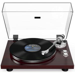 Record Player Turntable Wireless Output Vintage Vinyl Player Aluminium Platter Carbon Fiber Tonearm Belt-Drive 33 45 RPM Phono Audio AT-3600L MM Cartridge RCA Line Anti-Skate Pitch Control Walnut Red