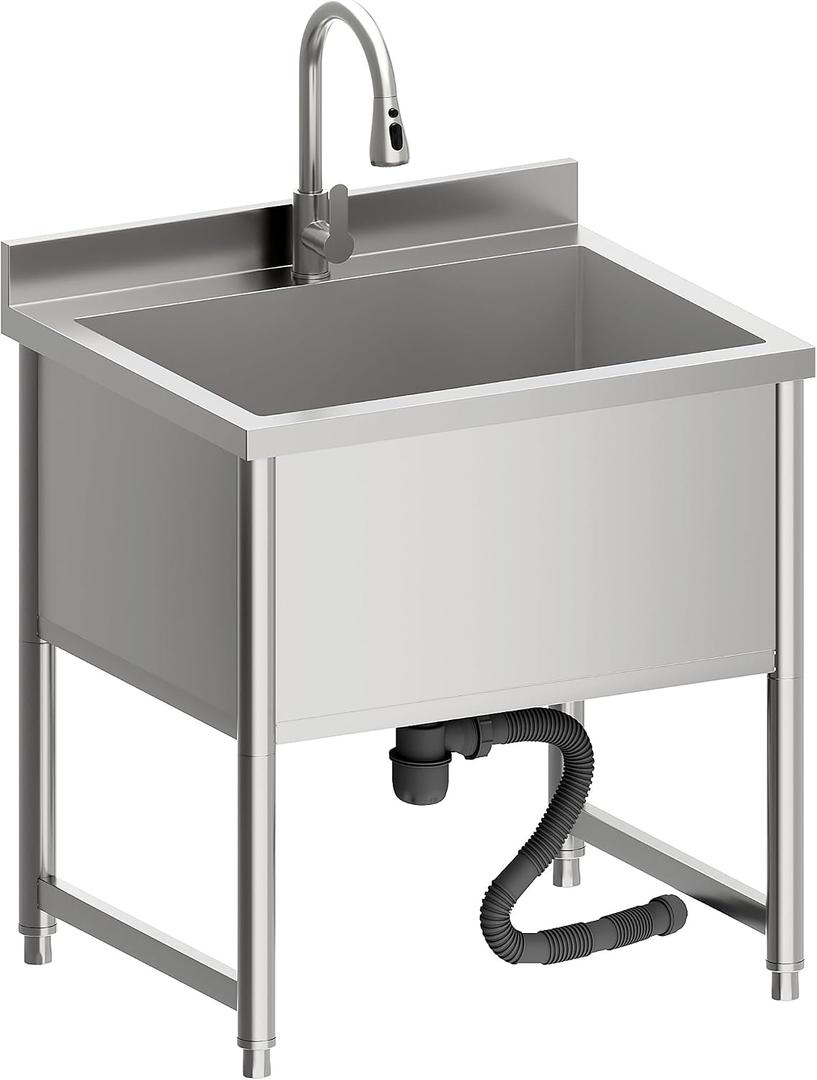 Stainless Steel Commercial Restaurant Sink, Freestanding Large Commercial Sink with Pull-out Faucet for Kitchen Dishwashing, Thawing, Pet Cleaning, Laundry Room, 23.6"D x 27.5"W x 36.8"H
