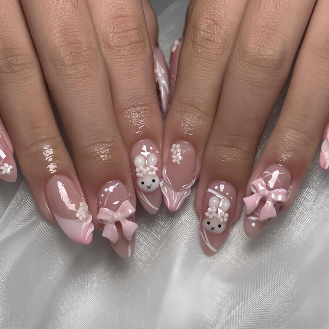 Easter Pink Cute Bunny Teens Press On Nails Medium Almond Fake Nails for Girls With 3D Flower Bow Tie. French Tip Acrylic False Nails, Salon-Quality Reusable Nails for Women(No Glue Included)