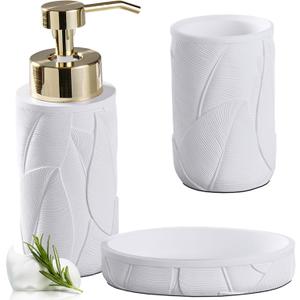 Tropical Leaves Carved Bathroom Accessories Set 3 Pcs for Countertop - Toothbrush Holder Cup, Foaming Soap Dispenser, Soap Dish - Modern Bathroom Dcor Accessory Set for Housewarming Gift (White)