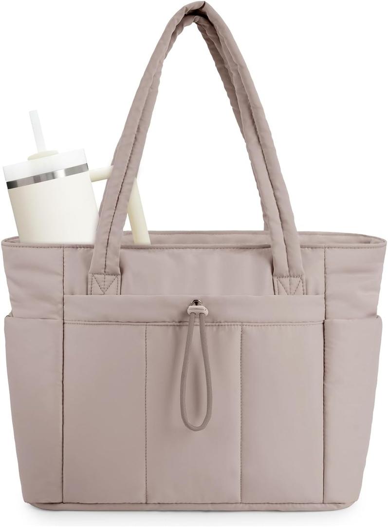 Wandering Nature Puffer Tote Bag with Cup Holder & Laptop Compartment & Trolley Sleeve for Travel, Work, Nurse, Women (Medium, 02-beige)