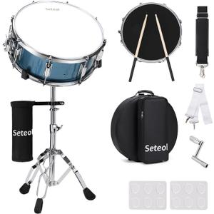 Snare Drum Set, 14" x 5.5" Marching Snare Drum with Stand & Storage Padded Bag + Silent Mute Pad + Drums Sticks + Drumstick Holder + Drums Key + Damper Gels for Adults (Blue)