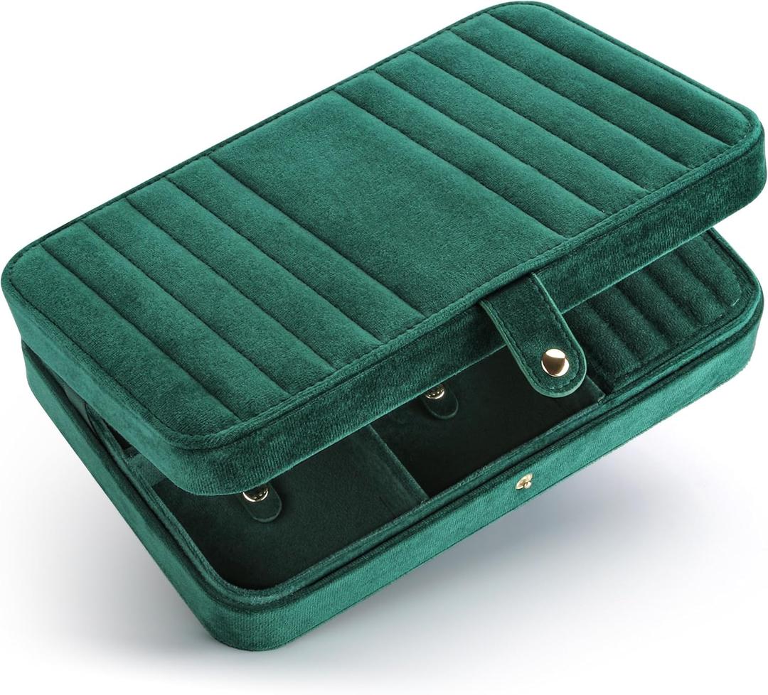 VELORIA Emerald Green Velvet Travel Jewelry Organizer, Necklace Holder Case with 8 Snap Clasps, Elastic Pouch, Ring & Earring Storage, Compact Jewelry Case for Bracelets and Bangles