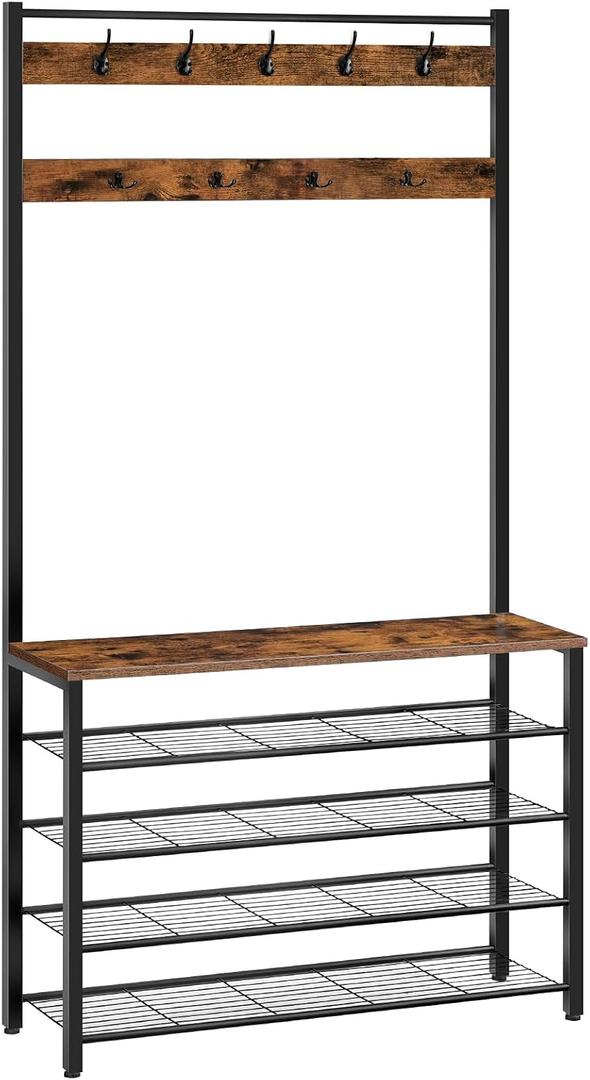 HOOBRO Hall Tree, Coat Rack with Shoe Rack, 39.4” Hall Tree with Bench, 5 Tier Shoe Storage Organizer with 9 Hooks for Entryway, Closet, Sturdy, Industrial, Rustic Brown and Black BF801MT01, 39.4"L x 12.6"W x 74.8"H