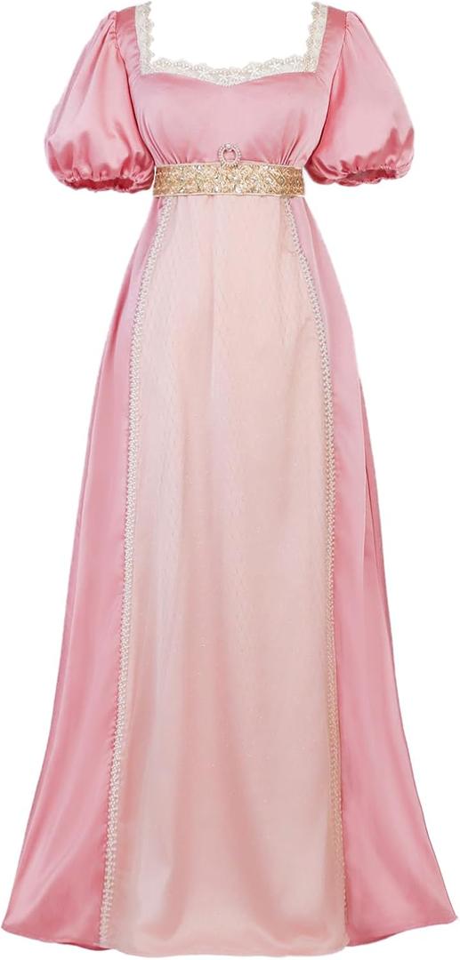Vibsion Regency Dresses for Women Pearls Lace Empire Waist Dress (Small, Pink)