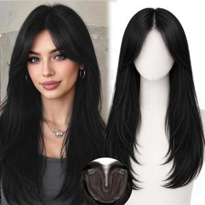 Jet Black Synthetic Hair Toppers for Women with Thinning 5x6 inch Large Base Coverage Clip in Wispy Bangs Upgraded Adjustable Bandage 20 Inch Long Layered