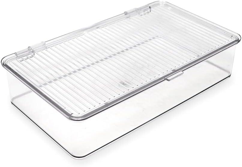 Small Stackable Organizer Bin w Hinged Lid Clear Storage Box Home Office School Fridge Bathroom Kitchen Pantry Container BPAFree Food Safe