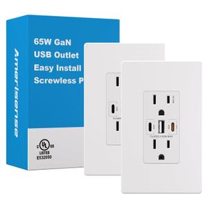 GaN 65W 6Amp 3-Port USB Wall Outlet, 15 Amp Tamper-Resistant Receptacle with 2 USB Type C & 1 Type A Port, USB Charger for USB-C Laptop/Phone, 2 Pack,UL Listed