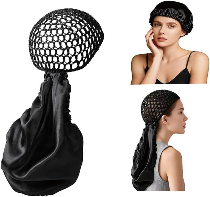 2 in 1 Silk Press Wrap Cap and Hair Scarf, Reversible Satin Wrap Bonnet with Adjustable Tie, Sleeping Hair Cap for Curly Natural Braided Long Hair (Black)