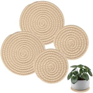 4 PCS Plant Coasters 4 & 7 Inch Woven Plant Saucer Coaster for Gardening Indoor and Outdoor Pots (Khaki)