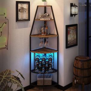 5-Tier Corner Wine Rack with LED Light Floor Standing Wine Rack with Glass Holder and Bottles Wine Storage Home Bar Furniture for Kitchen Living Dining Room (Rustic Brown)