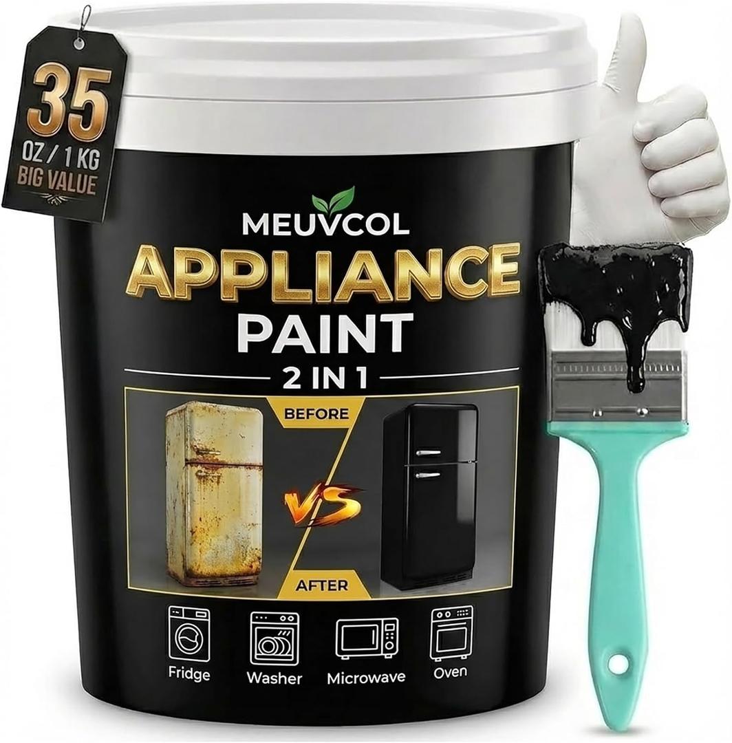 Meuvcol Appliance Paint, 35 Floz Black Appliance Epoxy Paint For Metal & Plastic Surface, Touch Up Coating For Refrigerator, Dishwasher, Washer, Microwave, Rust Preventative Coating With Tool