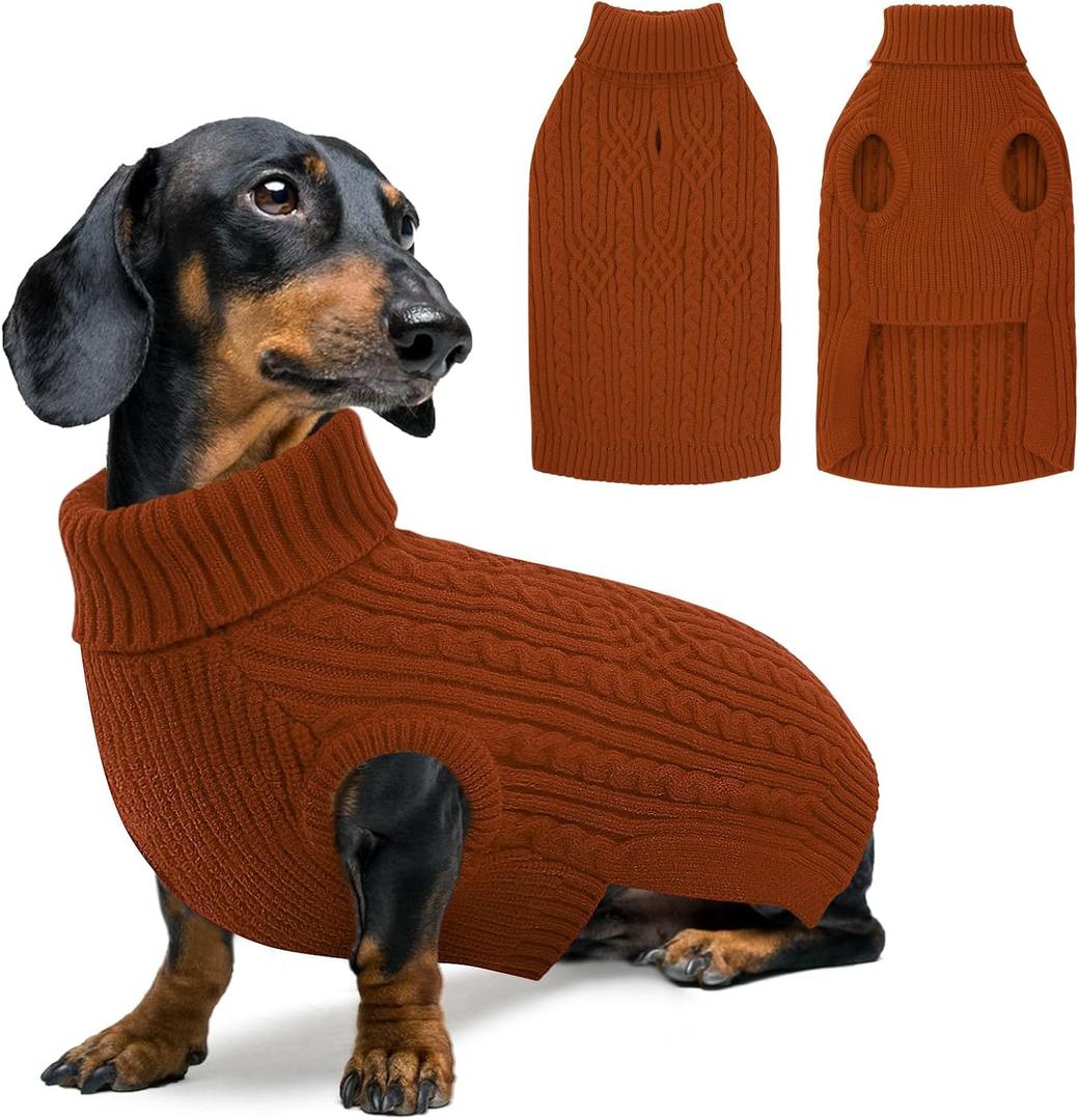 Small Dog Sweater, Christmas Dog Sweaters Fall Winter, Warm Sweaters with Harness Hole, Turtleneck Pullover for Dogs Girls Boys, Puppy Sweatshirt Knitwear Clothes for Dachshund, Brickred S