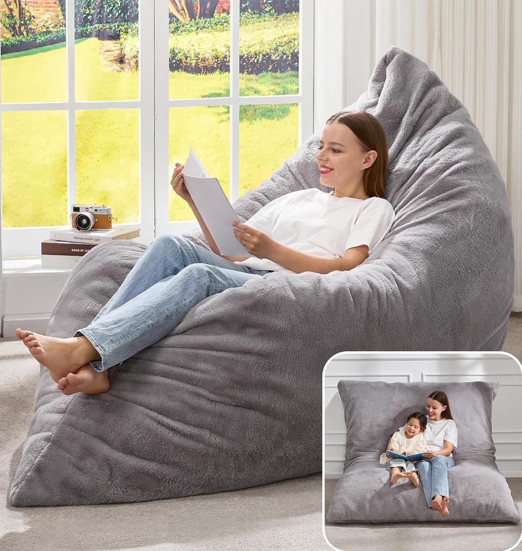 Hobestluk 3 in 1 Bean Bag Chair Giant Bean Bag Chairs for Adults with Chevron Plush Fur Cover Convertible Bean Bag Floor Cushion with Machine Washable Cover for Living Room (Plush Grey), Large