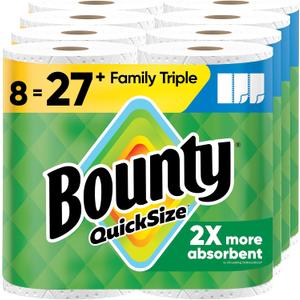 Bounty Quick-Size Paper Towels, White, 8 Family Triple Rolls = 27 Regular Rolls
