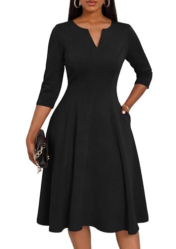 Nmoder Midi Dresses for Women A-Line Fit and Flare Casual Dress 3/4 Sleeve V Neck Cocktail Wedding Guest Work Dress with Pockets Black XL