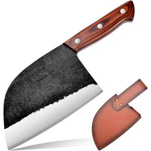Serbian Chef Knife Outdoor Meat Cleaver Kitchen Butcher Knife 6.7 inch Full Tang with Leather Sheath Boning Viking Knives Multipurpose Grilling Camping Cooking Knife BBQ Tool