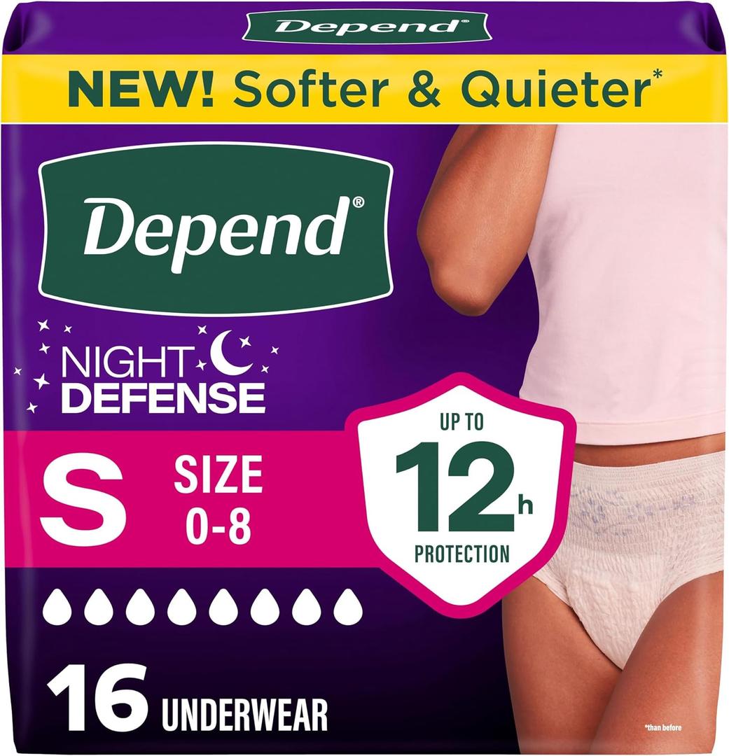 Depend Night Defense Adult Diapers, Incontinence & Postpartum Bladder Leak Underwear for Women, Disposable, Overnight, Small, Blush, 16 Count,
