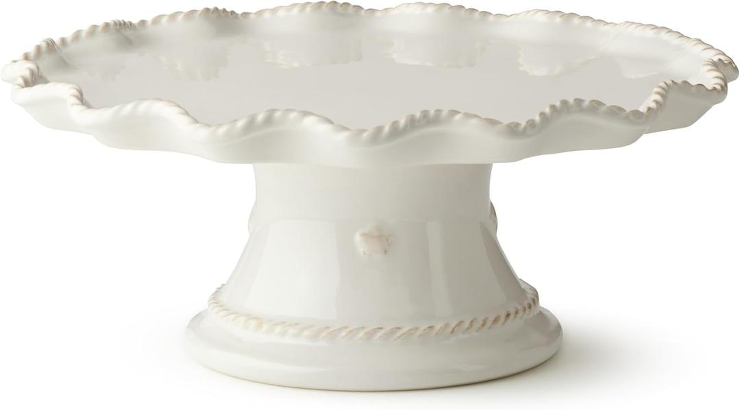 Heritage Scroll Footed Cake Plate Elegant 11.5" x 4.75" Ivory Stoneware Pedestal Stand with Sculpted Rim Display Cakes, Cupcakes, Pies & Pastries in Timeless Style