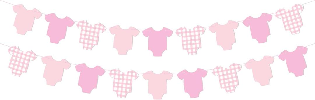 Pink Gingham Baby Shower Banner, 18 Pieces Pink Babysuit Garland Banner for It's a Girl's Baby Shower Decorations