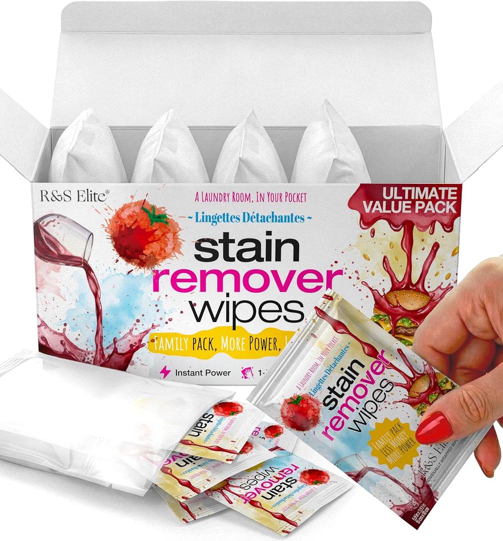 Stain Remover Wipes - 50 PCS Individually Wrapped  Instant Stain Remover for Clothes, Fabric & Jackets  Portable No-Rinse Cleaner for Travel, Purse & Diaper Bag  Removes Grease, Food & More