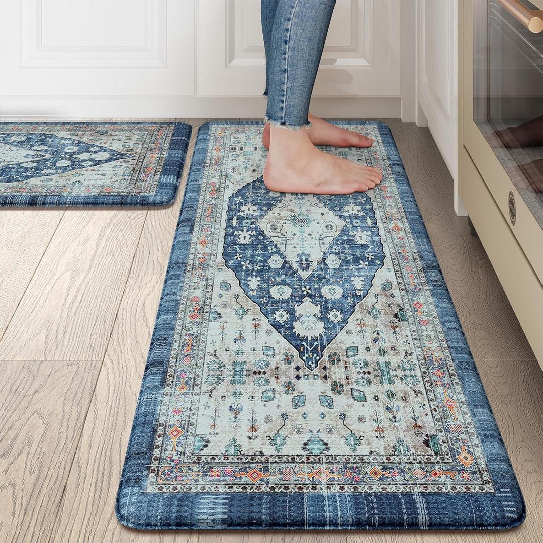 Collive Boho Kitchen Rugs Set of 2 Non Skid Kitchen Mats for Floor Cushioned Anti Fatigue Kitchen Floor Mats Waterproof Comfort Heavy Duty Foam Mats for Standing Desk Sink Laundry, 17.3"x29"+17.3"x47" (Dark Blue)