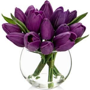 DILATATA Artificial Purple Tulips in Vase with Faux Water 6" Real Touch Flowers Fake Tulips Small Flowers Arrangement in Round Glass Vase for Mother's Day Table Centerpiece Wedding Home Decor