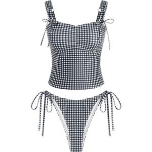 ZAFUL Women's Gingham Ruched Bowknot Decor Cinched Back Tankini Set Tummy Control 2 Piece Bikini Swimsuits (Medium, 1-black)