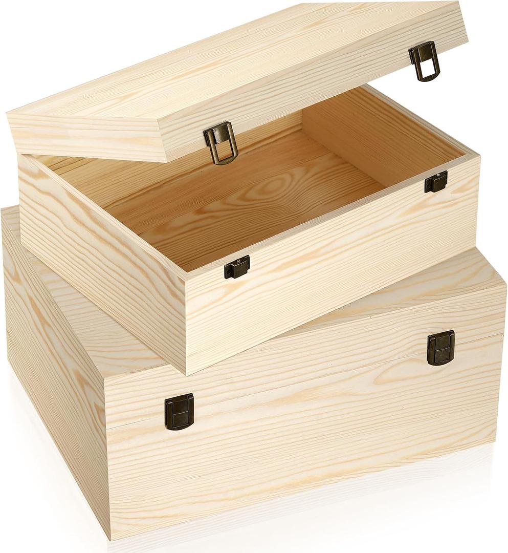 Large Unfinished Wooden Boxes Set of 2 Sizes Wood Box with Hinged Lid Large Wooden Boxes Keepsake Memory Boxs- for DIY Crafts, Gifts, Jewelry,Wedding and Storage Handcrafted Box
