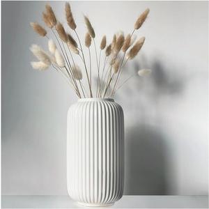 White Vase, Ceramic Ribbed Vase for Flowers and Pampas Grass, 8 Inch Simple Modern Table Vase for Home Office Bedroom, Living Room Kitchen Decor