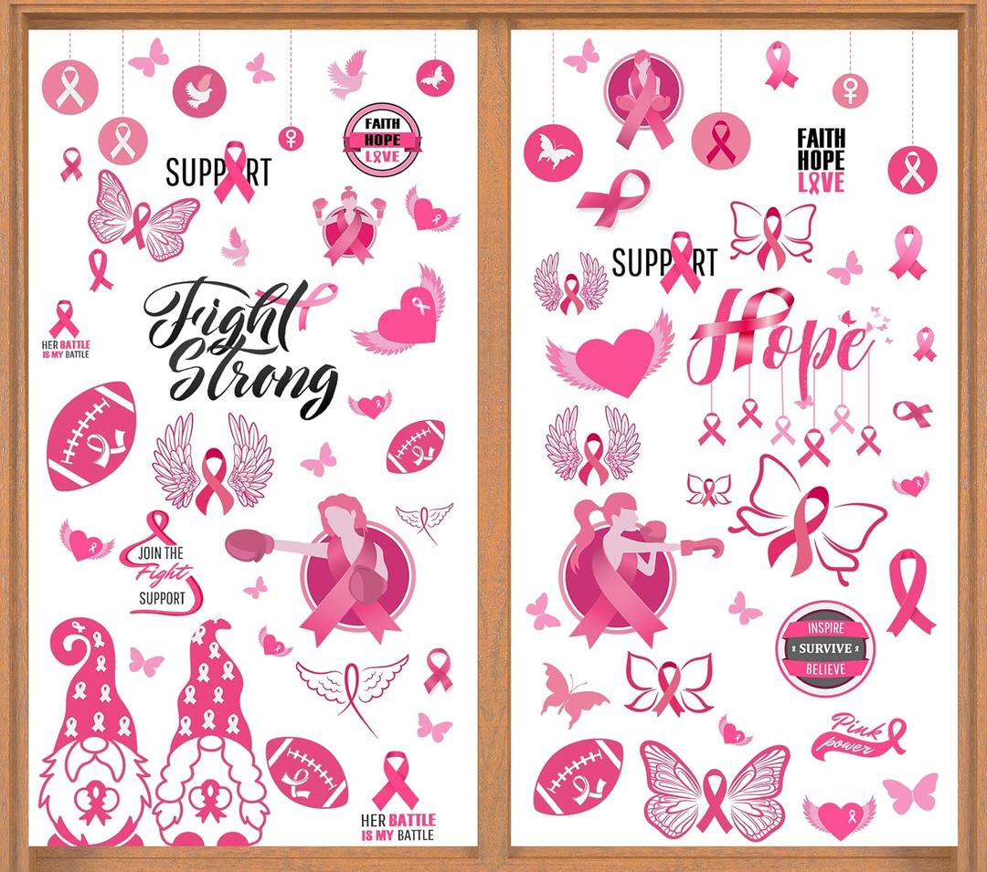 75 PCS Breast Cancer Awareness Window Clings for Glass Windows Breast Cancer Window Stickers Decals Pink Ribbon Breast Cancer Awareness Window Decorations