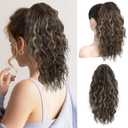 REECHO 14" Highlight Ponytail Extension, Short Claw Clip on Ponytail Extension Fake Pony Tails Wavy Curly Clip in Hair Extensions Synthetic Hairpiece HP002 - Chocolate Brown with Blonde Highlights