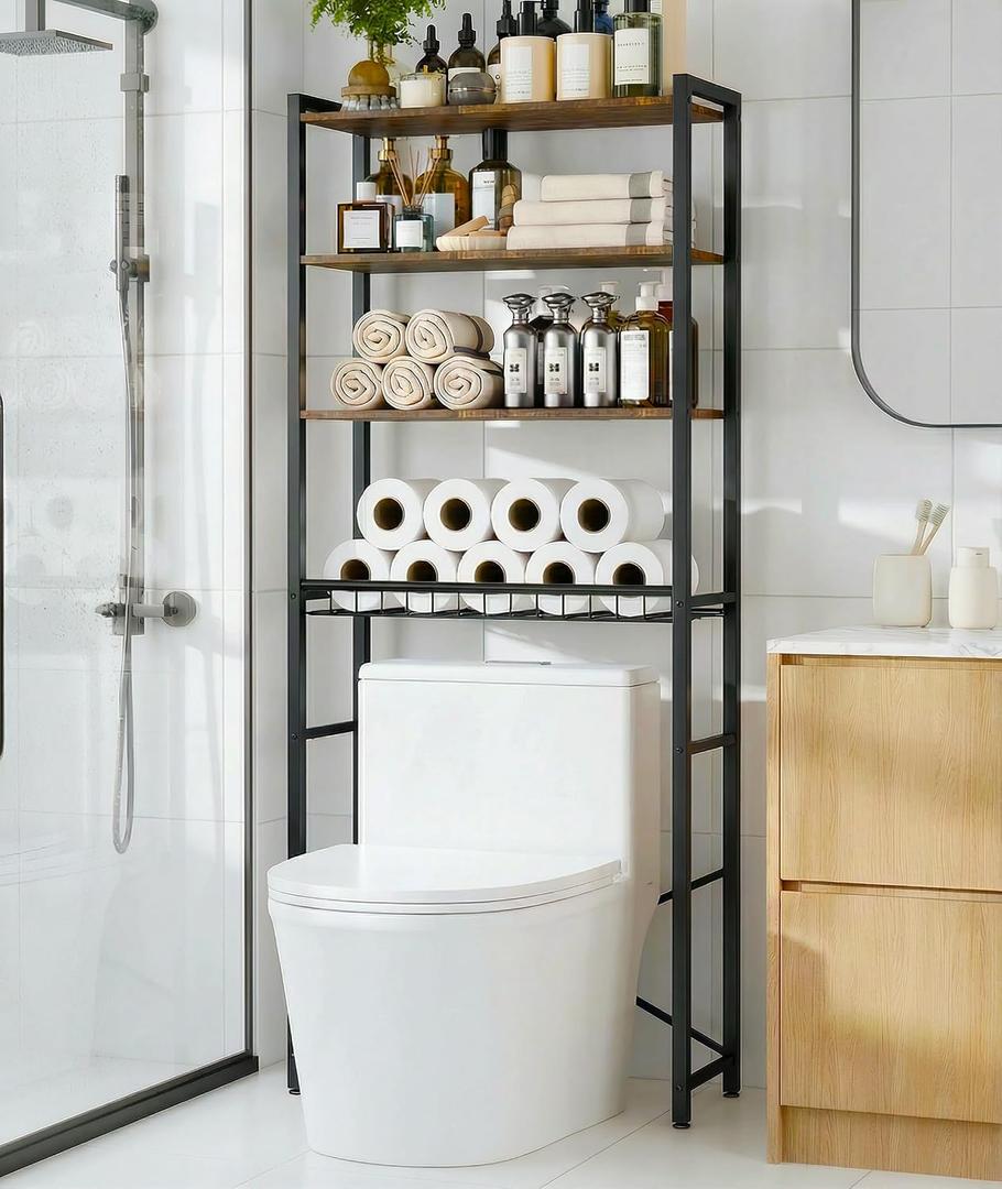 10 x 4-Tier Over-the-Toilet Storage Rack with One-Piece Wooden Shelves & Open Net Basket, Bathroom Organizer with Adjustable Feet & Anti-Tip Kit, Space-Saving Toilet Shelf, Brown, 24.4" x 9.4" x 69.3"