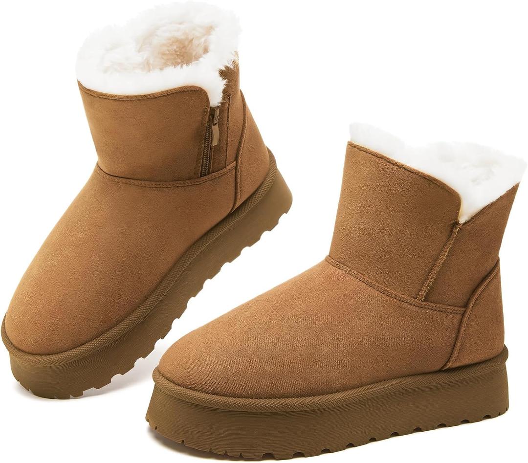 THATXUAOV Womens Ankle Winter Boots, Anti-Slip Suede Mini Boot For Women,Side Zipper Platform Slip On Snow Boots With Fur Lining(Chestnut,US8) 