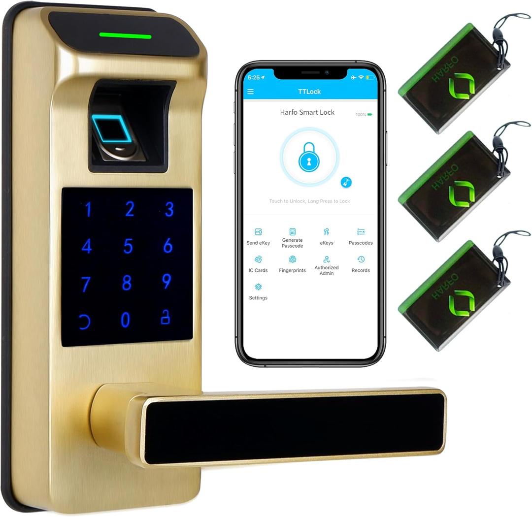 Harfo Fingerprint Door Lock, Heavy Duty Full APP Control Touchscreen Keypad Keyless Lock with Reversible Handle, Perfect for Home/Office/Bedroom Doors (Gold)